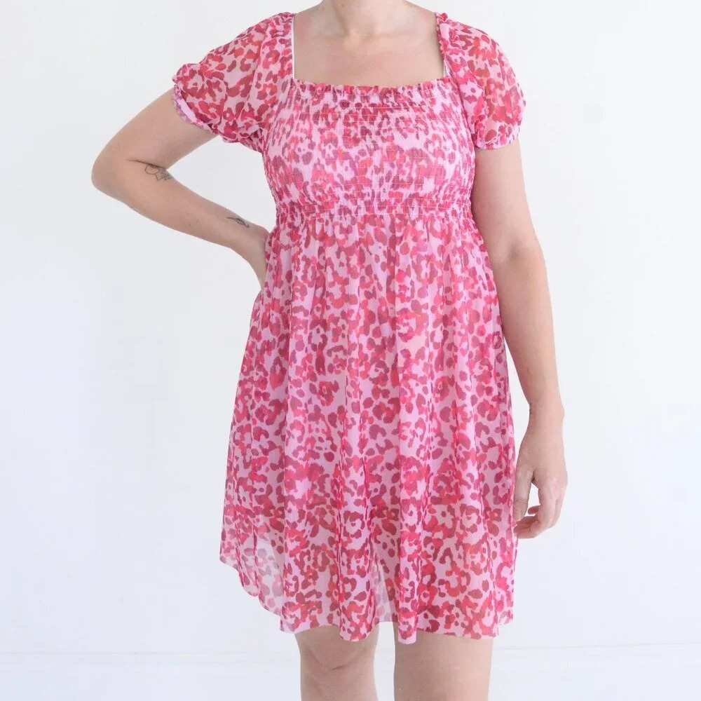 Baum Und Pferdgarten Joliet Pink Spotted Smocked Mini Short Sleeve Dress XS